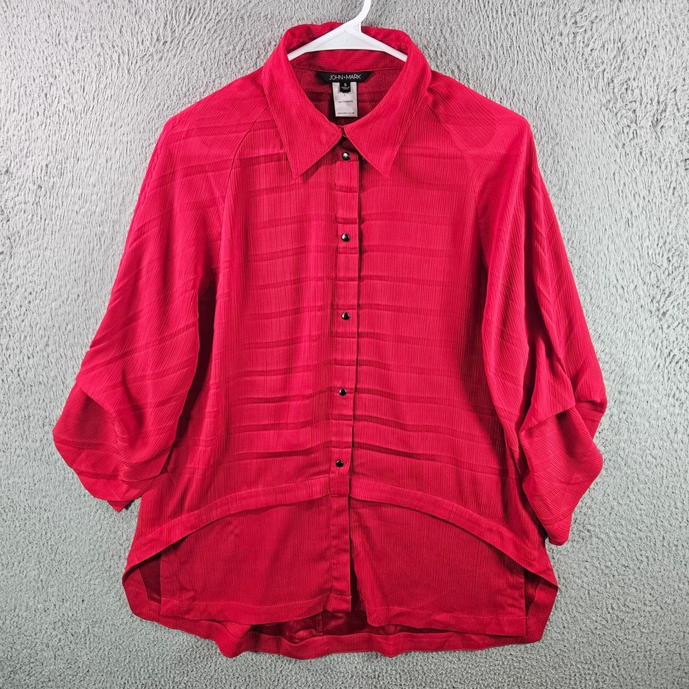 JOHN MARK Red Striped Button Up Shirt Women Size S‎ 3/4 Sleeve